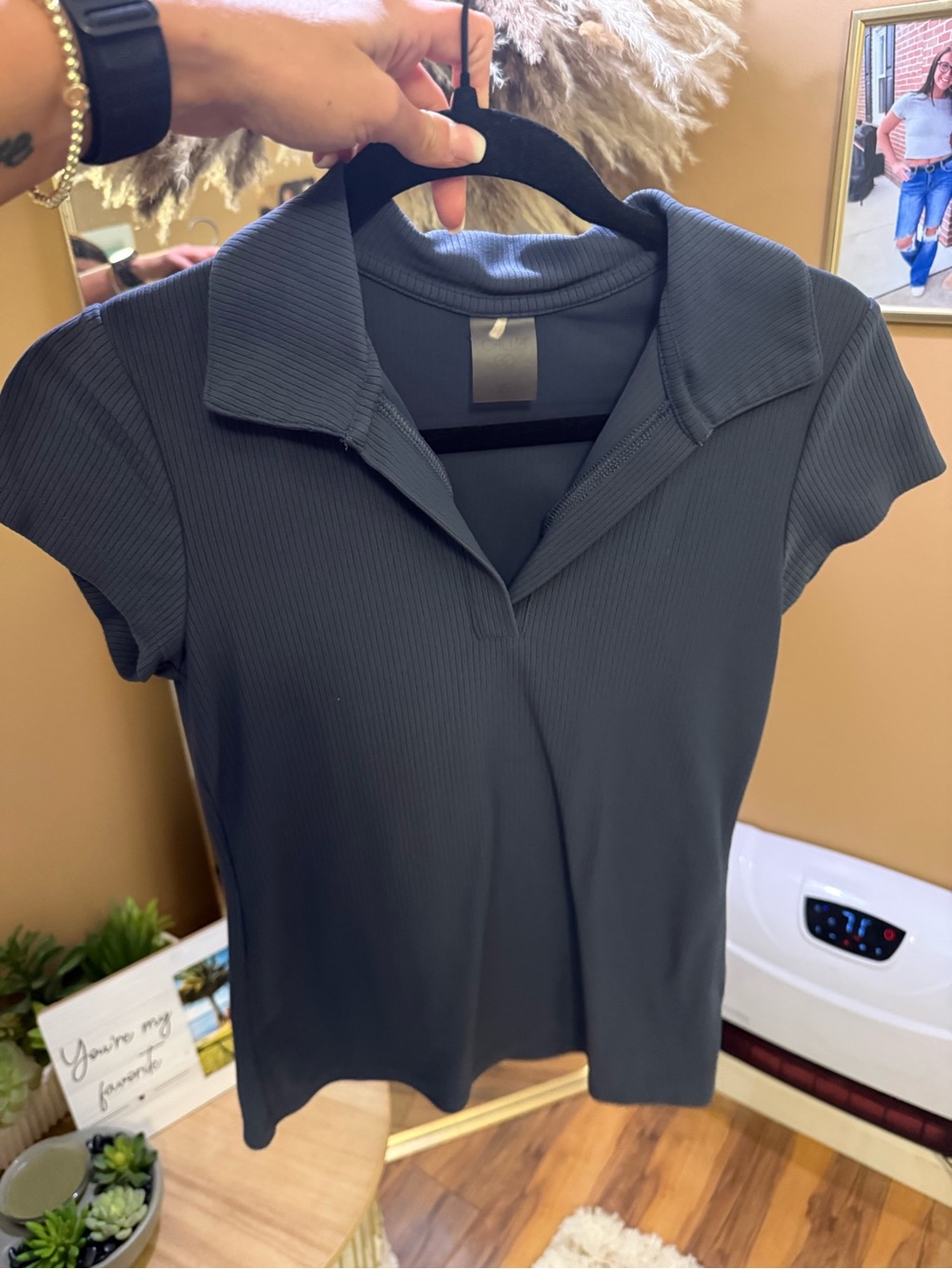 Ribbed Collared Short-Sleeve Top — Rusty Blue